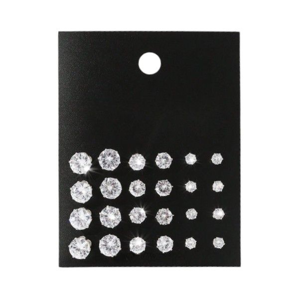 Multi-Size Rhinestone Stud Earrings Set - 24 Piece - Silver