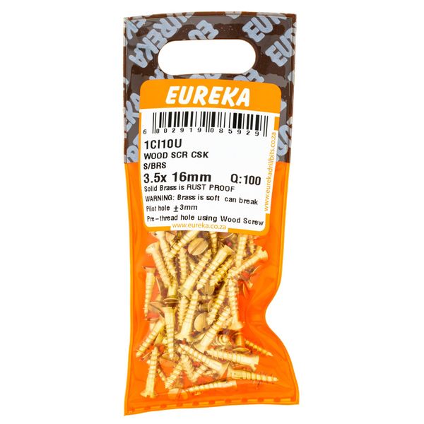 EUREKA Wood Screw Countersunk Solid Brass 3.5 x 16mm Q:100 1CI10U