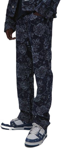 boohooMAN - Men's Straight Leg Floral Denim Jacquard Jeans - Indigo