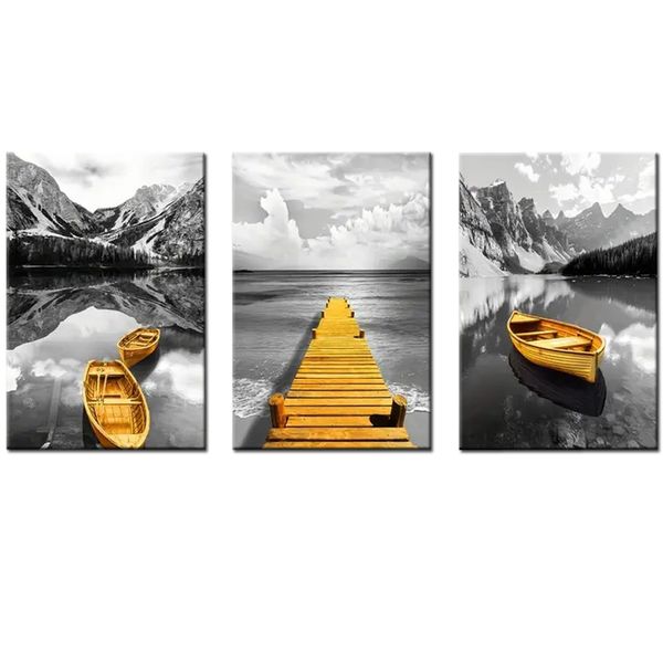 Canvas-Art-3 Pieces Balck &amp; White Gold Wooden Bridge, Canoe Lake Wall Art