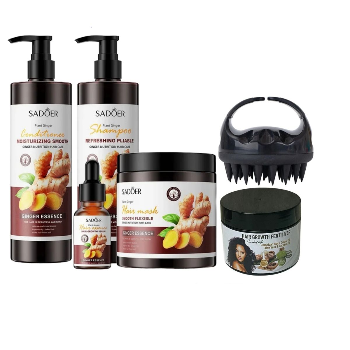 Sadoer Ginger Shampoo, Conditioner, Mask, Serum with Fertilizer & Brush