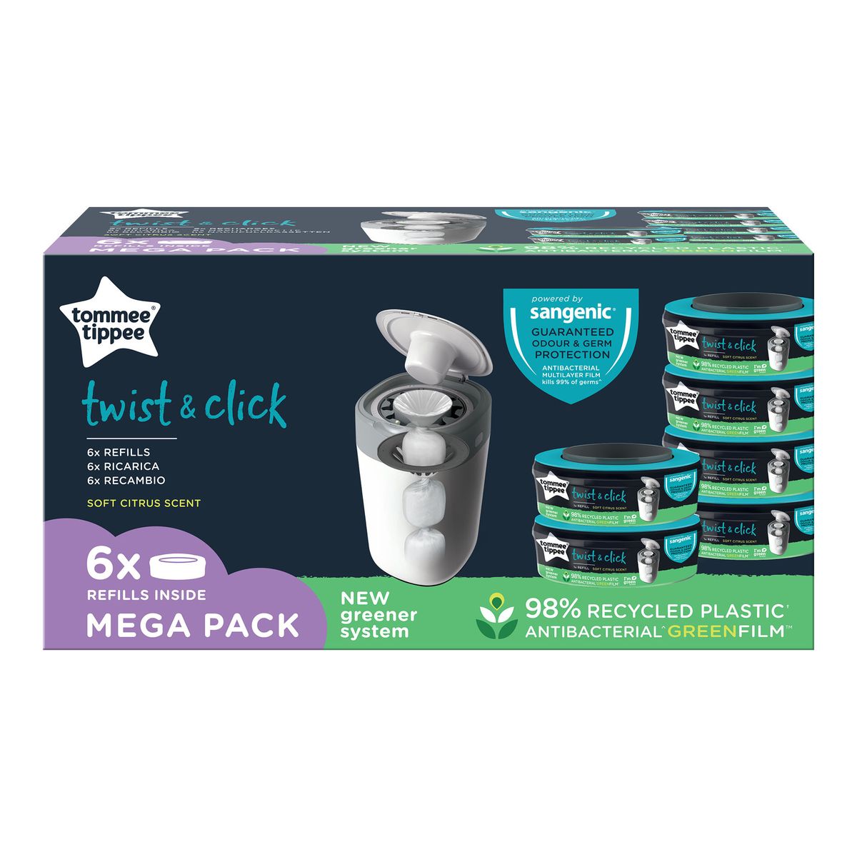 Tommee Tippee Twist & Click 6 Refill Cassettes with Free Nappy Bin