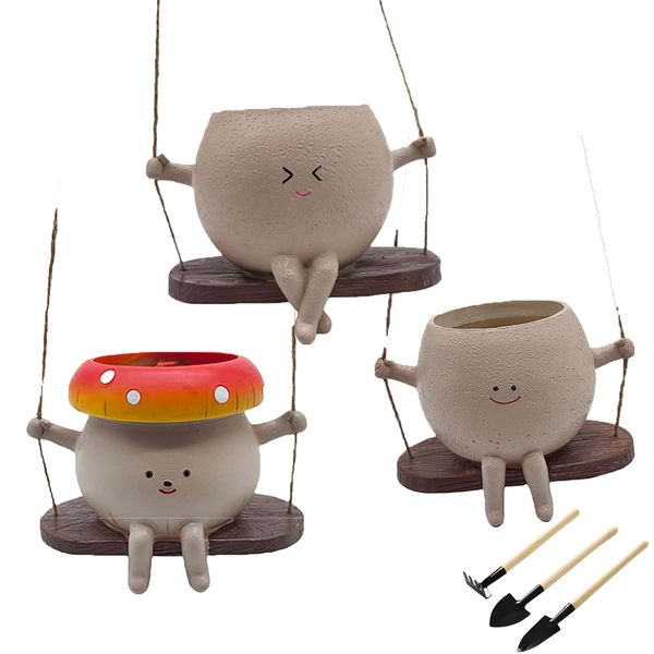 3 Pcs Smiley Face Flower Pot Cute Hanging Planter &amp; Mini Garden Tool Set