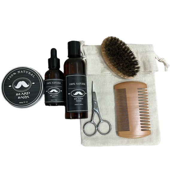 7 Pieces Men Beard Set- Wash, Oil, Balm, Brush, Comb, Scissors &amp; Bag