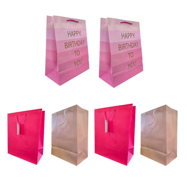Pink Happy Birthday and Tissue Paper bags Set - 6 bags