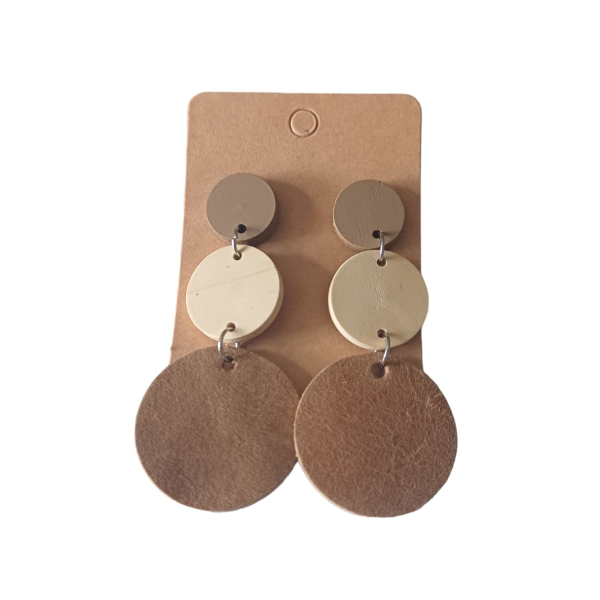 Stainless Steel, Wooden and Leather Earrings - Brown 3 Tier hanging
