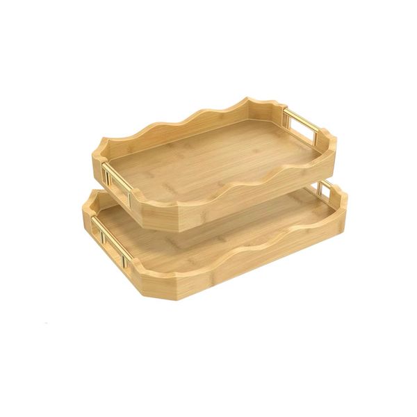 2 Piece Wave Wooden Tray With Handles-40x28x5cm-37x25x5cm