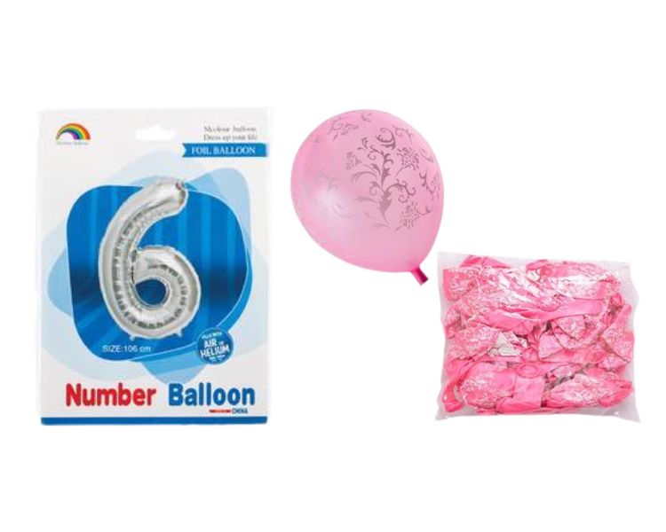 Birthday Age 6 Balloon Sil + Pink ballons