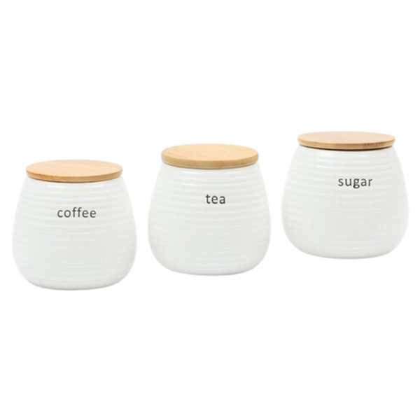 Ribbed Canisters, Wooden Lids, Set Of 3