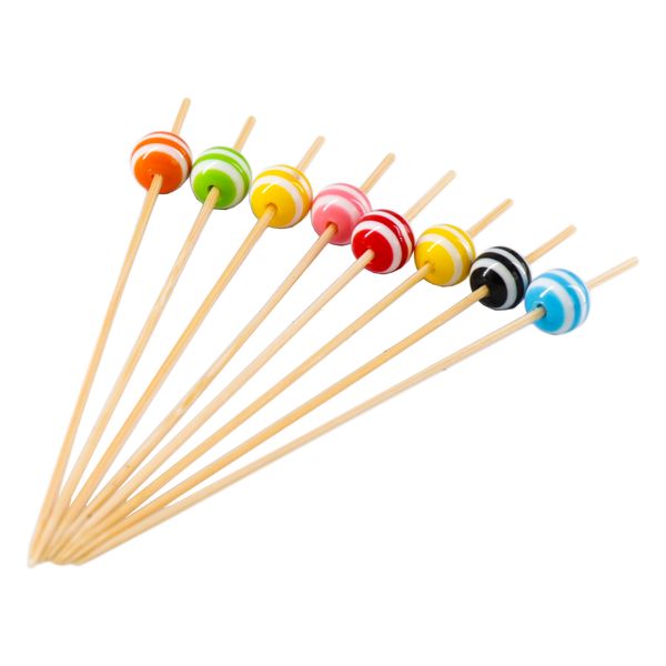 Regent Disposable Bamboo Food Picks With Mixed Coloured Striped Beads 24Pcs