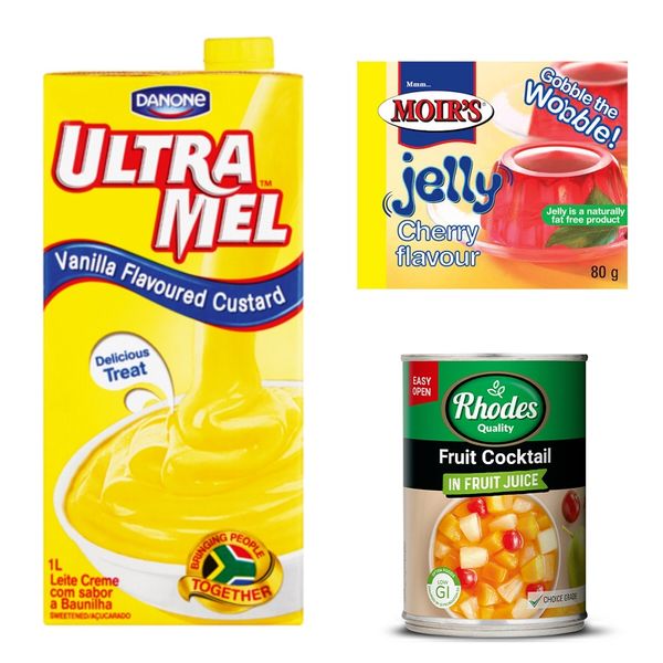 Ultra Mel Vanilla Custard + Rhodes Fruit Cocktail + Moir's Cherry Jelly