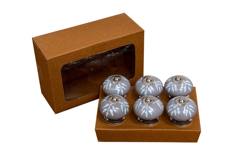 Grey and White Hand Painted Ceramic Drawer/Cabinet Knobs - Set of 6
