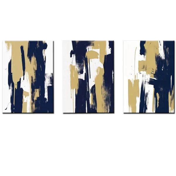 Canvas-Art-3 Pieces Blue &amp; Gold White Abstract Wall Art