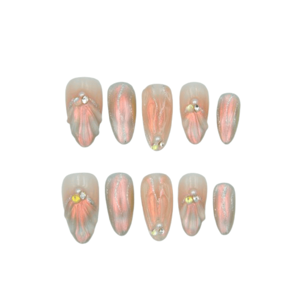 Mermaid Chrome Almond Nails - Dirty Pink with Jewels (Size M)