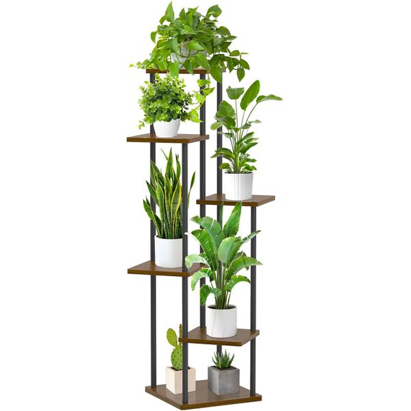 6-Tier Plant Stand Metal &amp; Wood Indoor Gardening Display Stand 132CM Tall