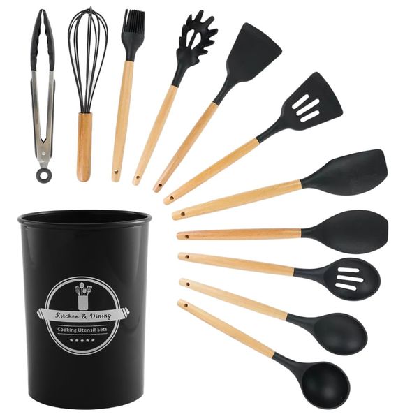 14 Piece - Silicone Kitchen Utensils With Wooden Handle - Black
