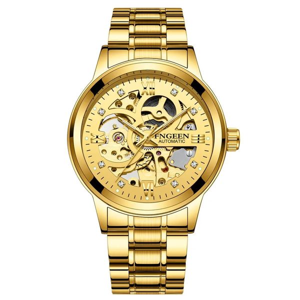 Trendy Men Watch Automatic Mechanical Mesh Belt Diamond Hollow Tourbillon