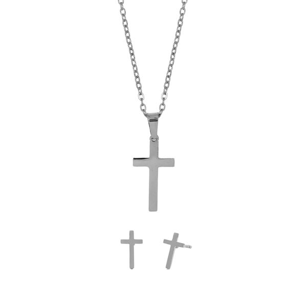 Steel My Heart Waterproof Necklace &amp; Stud Cross Stainless Steel Set