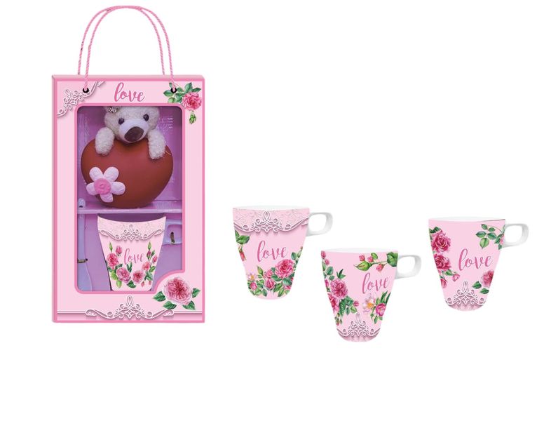 Pink Gift Cup with Pink Rosses and One Teddy Bear and Ceramic Spoon