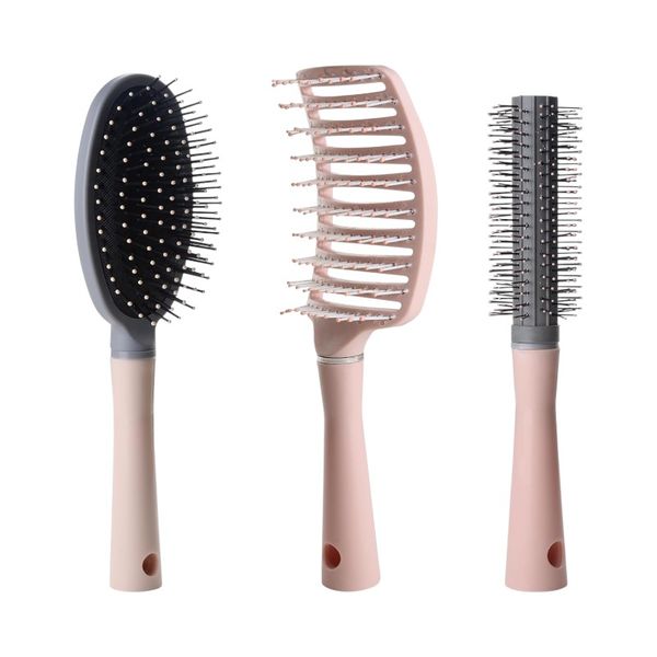 3-Piece Hair Brush Set with Paddle, Round &amp; Vented Brushes - Pink