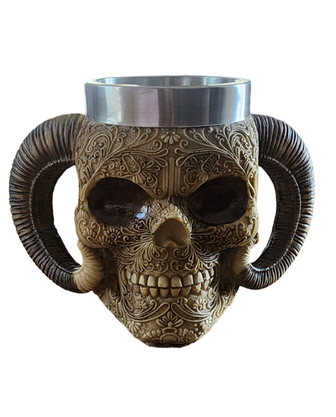 Floral 550ml Medieval Mug, Stainless Steel Gothic Skull Mug