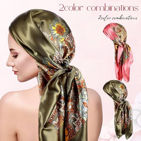 2 Piece 35 Inch Silky Head Scarf Large Square Neck Scarf Satin