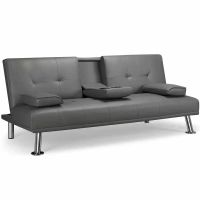 Hazlo - Sylvia PU Leather Sleeper Sofa Bed With Cup Holder - Grey