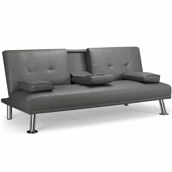 Hazlo Sylvia PU Leather Sleeper Sofa Bed With Cup Holder and Pillow - Black