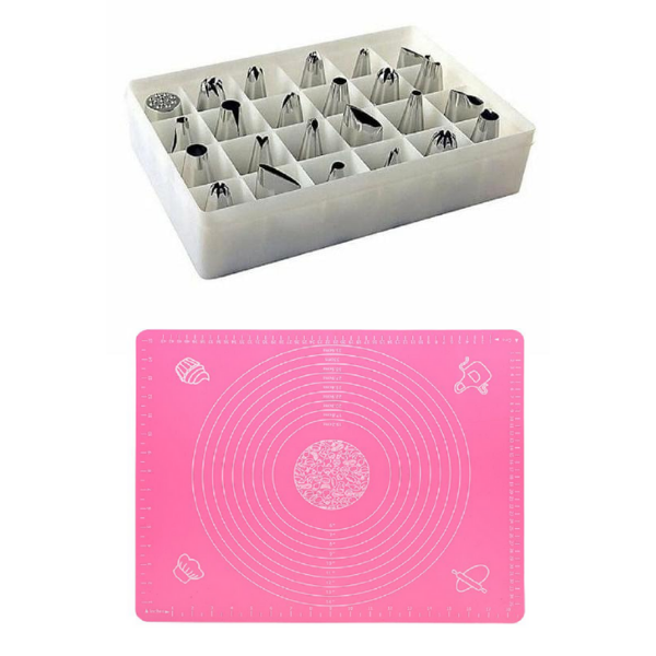 Pink Non Stick Baking Mat and 24 Piece Icing Nozzle Set