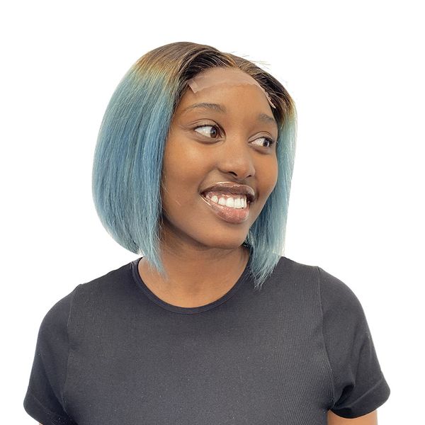 10" Straight Human Hair One Way Lace Wig - # Ombre/Blue- 13A Grade