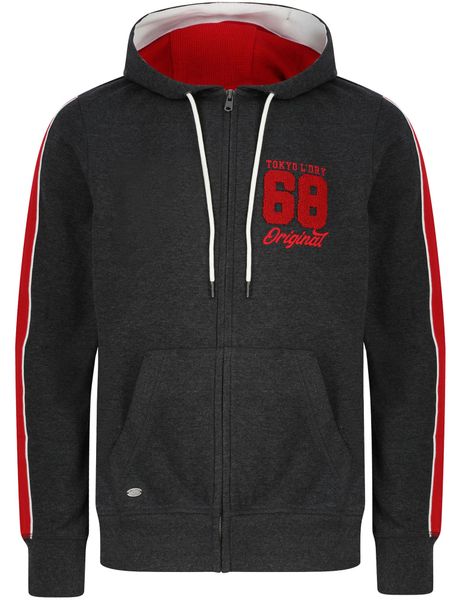Tokyo Laundry - Mens Limbus Brushback Fleece Zip Through Hoodie with Tape Sleeve Detail in Charcoal Marl (Parallel Import)
