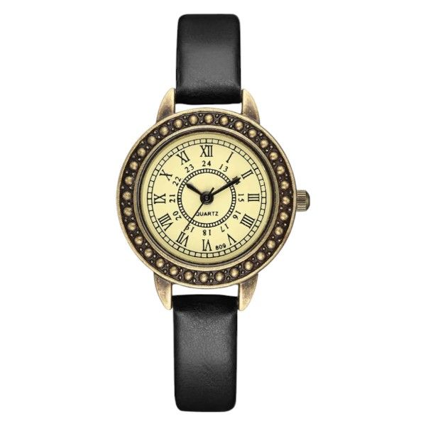 Faux Leather Vintage Quartz Watch - Black &amp; Cream