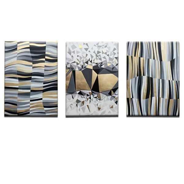 Canvas- Art - 3 Pieces Grey &amp; Gold Geometric Abstract Canvas Wall Art Decor