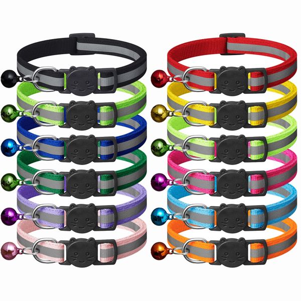 12 Piece Reflective Cat Collar Pack with Bell - 12 Colours