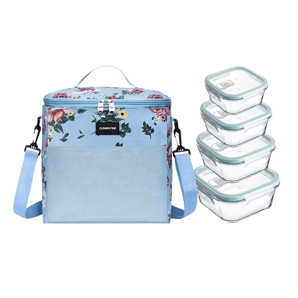 Clementine Floral Lunch Bag with 4-Piece Square Glass Container Set