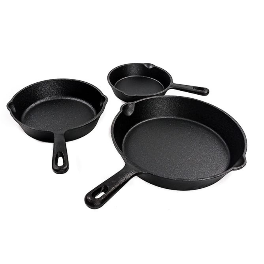 Lifespace 3 Piece Matt Black Cast Iron Skillet Pan Set