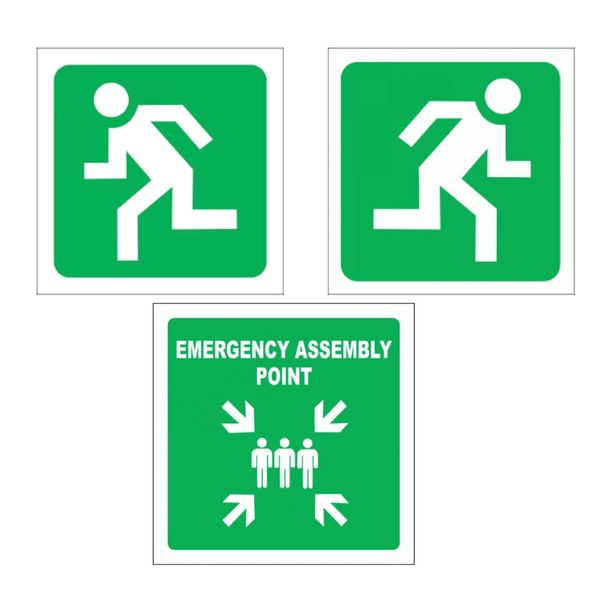 Safety Signs - 3 Piece - Direction to Escape, Assembly Point - 29cm x 29cm