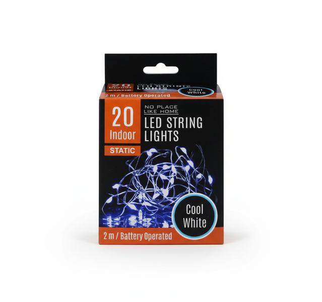 2m Outdoor LED String Lights - 20 Cool White Lights - 2 Pack