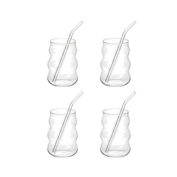 4 Pack Glass Beverage Cup Set With Straws - Transparent