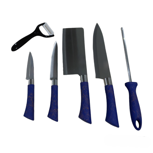 Knife Set 6 Piece Blue Handle Design