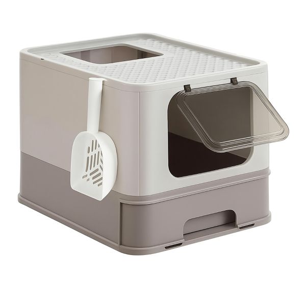 Foldable Cat Litter Box with Lid, Drawer &amp; Scoop - Grey