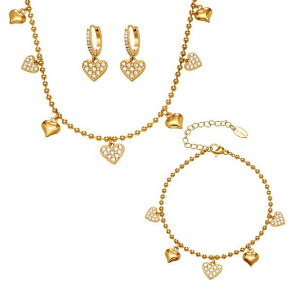 Three-Piece Heart Set - Multi-Charm Zirconia Necklace, Bracelet &amp; Earrings