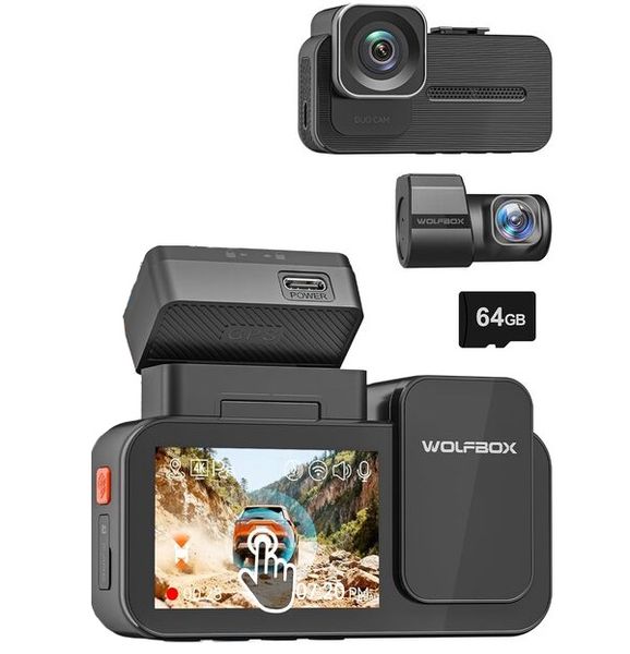 WOLFBOX X5 Duo 4K 2.5K Dash Cam, STARVIS 2, WiFi, GPS, 64GB, Touch Screen