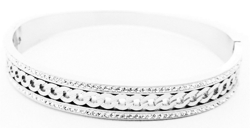Stainless Steel Clip Open bangle - Cuban detail and zirconia inserts