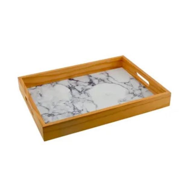 Stylish Bamboo Serving Tray with Marble Look Inlay