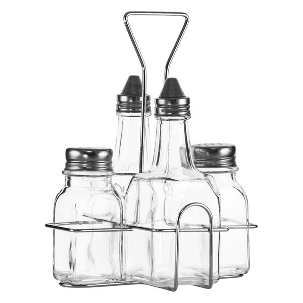 Regent Glass Condiment 4 Pieces In A Chrome Caddy - 200Ml/70Ml