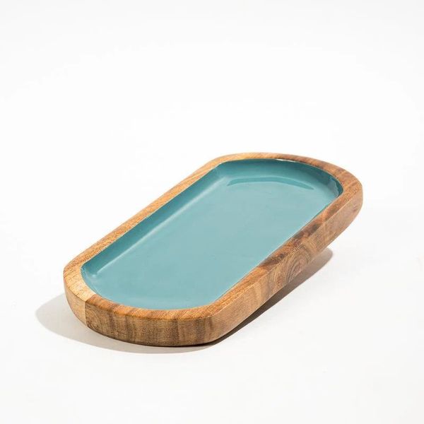Wood Oblong with Enamel Server Aqua