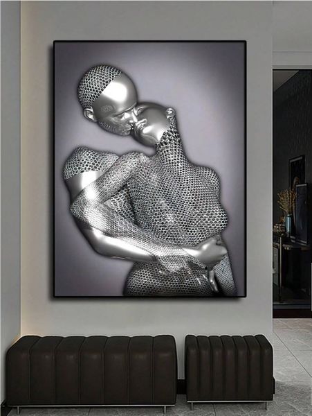 3 Pieces Unframed Modern Art Canvas Painting Of Man &amp; Woman Sculpture 50x70