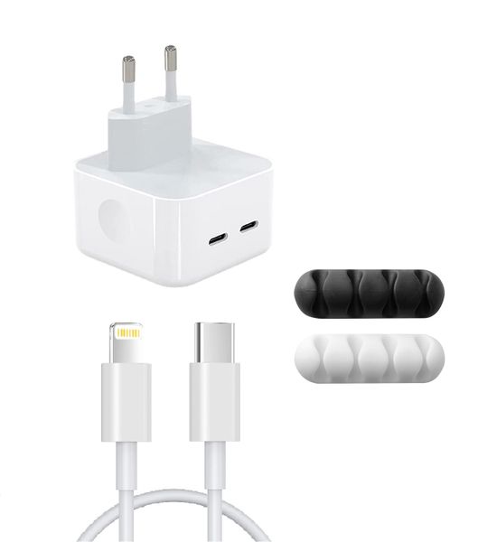 35W Dual Port USB-C Charger with USB-C to Lightning Cable &amp; Cable Organizer
