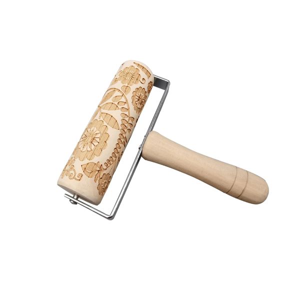 3D Wooden Christmas Flower Embossed Pattern Rolling Pin for Baking Cookie